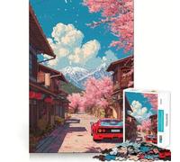 Auto rossa tra i ciliegi in fiore giapponesi Puzzle per adolescenti 1000 pezzi Richiamo Aggiornamento Calma Rilassamento Ritaglio chiaro Collezione artistica Pezzo (38x26cm)