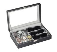 AUTOARK Custodia in pelle per 6 orologi e gioielli e 3 pezzi per occhiali da vista e occhiali da sole espositore organizer, nero, AW-004