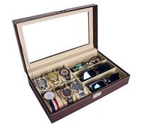AUTOARK Scatola per orologi e occhiali da sole in pelle,6 e 3 occhiali da sole con custodia per gioielli,Organizer da uomo,donna,in vetro,Marrone,AWU-020
