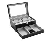 Autoark Scatola Porta Orologi Custodia per 12 Orologi e Gioielli,in Pelle,con Cassetto,Vetro Trasparente,Nero,AW-001