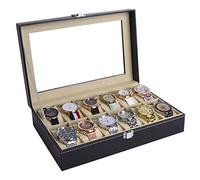 Autoark Scatola Porta Orologi Custodia per 12 Orologi,in Pelle,Vetro Trasparente,Nero,AWU-022