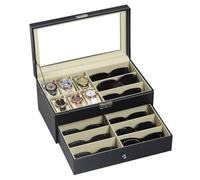 Autoark Scatola Porta Orologi Custodia per 6 Orologi e 9 Occhiali da Sole in Pelle,con cassetto,con Serratura,Vetro Trasparente,Nero,AW-048