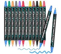 Autoau Pennarelli Acrilici per Dipingere Sassi - 12 Colori, Doppia Punta, Indelebili, Punta Fine e Grossa, Pennarelli per Sassi, Pietre, Vetro, Ceramica, Plastica