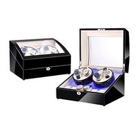 Automatic Rotate Watch Winder 4+6 Storages Display Box Case with Silent Motor Wooden Self Winding Mechanical Watch Box with Blue LED Backlight (Black P1)
