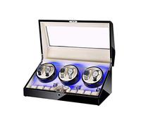 Automatic Watch Winder Box 6+10 with Blue LED Light in Wood Shell And Leather Extremely Silent Motor 4 Rotation Modes (A)