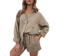 AUTOMET 2 Piece Sets For Women Lounge Wear Matching Two Piece Pajama Fashion Oversized Shirts And Shorts Spring Outfit 2025 01CoffeeGrey S