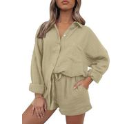 AUTOMET Abiti da 2 pezzi per le donne Lounge Sets pigiama a maniche lunghe button down camicie oversize e pantaloncini tuta autunnale, 01albicocca, S