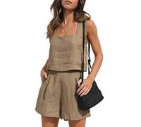 AUTOMET Abiti estivi da donna in 2 pezzi da vacanza casual pantaloncini alla moda set abbinati abiti casual in lino senza maniche 2024, Caffè, Small