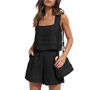 AUTOMET Abiti estivi da donna in 2 pezzi da vacanza casual pantaloncini alla moda set abbinati abiti casual in lino senza maniche 2024, nero, Small