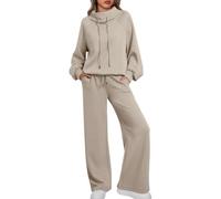 AUTOMET Lounge Sets per le donne Tute 2 pezzi Abiti 2025 Autunno Felpa con coulisse Pantaloni della tuta a gamba larga Tuta, Caffè grezzo, Large