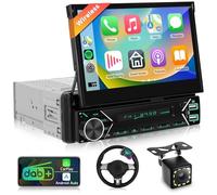 Autoradio 1 DIN DAB+ con Wireless CarPlay Android Auto, schermo retrattile da 7 pollici, radio 1 DIN BT/comandi al volante/collegamento specchio/EQ/USB-C+Telecamera posteriore