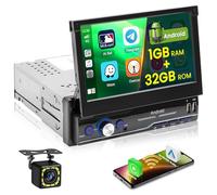 Autoradio 1 Din Hikity Wireless Carplay Android Auto, Schermo Manual Ribaltabile da 7 Pollici Autoradio con GPS Navi Bluetooth Mirror Link WiFi FM Radio Dual-USB AUX SWC Retrocamera