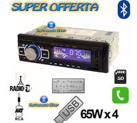AUTORADIO 1DIN STEREO AUTO BLUETOOTH 65Wx4 LUCI LED VIVAVOCE AUX MP3 SD USB