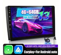 Autoradio Android 15.0 - Touchscreen IPS HD da 22,86 cm, CarPlay wireless e Android Auto, 4 GB + 64 GB, schermo diviso, GPS, Wi-Fi, radio FM RDS/ASP, telecamera AHD e microfono, pacchetto doppio DIN a