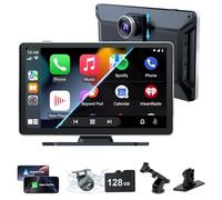 Autoradio wireless per auto, 22,9 cm, portatile, schermo per auto con telecamera anteriore 4K + posteriore 1080p, doppia telecamera per cruscotto, CarPlay wireless con Mirror Link/S-iri/AUX/128G SD