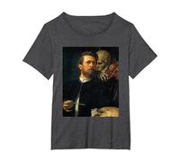 Autoritratto con la Morte Che Suona Il Violino Arnold Bocklin Maglietta, Donna Plus-Size, Grigio Scuro, 1X