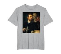 Autoritratto con la Morte Che Suona Il Violino Arnold Bocklin Maglietta, Uomo Taglie Grandi, Grigio Melange, 3X Tall