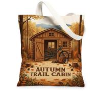Autumn Cabin Mountain Biking Theme Log Canvas Tote Bag 33 x 38 cm | Paesaggio forestale, mountain bike, architettura rustica in legno, fogliame stagionale, tema avventura all'aperto