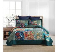 Autumn Dream Set di biancheria da letto reversibile in cotone, copriletto trapuntato, patchwork floreale vintage, copriletto turchese, queen size