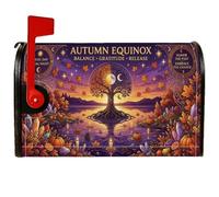 Autumn Equinox Celestial Tree Citazione Magnetica Copertura per cassetta | Motivo celeste, involucri per cassette postali, fogliame autunnale, cristalli, equilibrio spirituale, paesaggio lacustre
