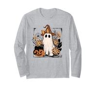 Autumn Floral Ghost And Black Cat Design. Woman Fall Maglia a Manica