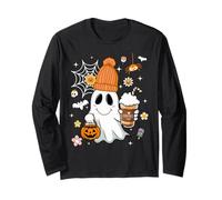 Autumn Men Women Cute Ghost Drinking Coffee Spooky Halloween Maglia a Manica