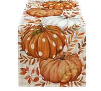 Autumn Pumpkin Runner | Rustic Linen Cloth - Harvest Fall Decor with Pumpkins & Leaves, 13 x 72 Inch Farmhouse Runner for Thanksgiving Dinner, Kitchen , Holiday Events, Seasonal Decorat
