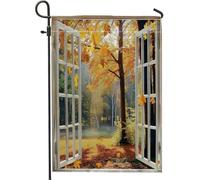 Autumn Woods Window View Orange And Yellow Leaves Bandiera Da Giardino Durevole Bandiera Resistente Alle Intemperie Bandiere Per Feste Cortile Giardino 30X45Cm