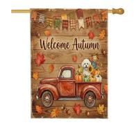 Autunno Bichon Frise Dog Front Yard Backyard Vertical House Bandiere 28x40 Double Face per esterno, Autunno Casale Rustico Camion Casa Stampato Bandiera, Farm Harvest Home Outdoor Decorazione