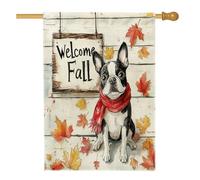 Autunno Boston Terrier Cane Cortile Cortile Cortile Lino Casa Verticale Bandiere 28x40 Doppio Lato per Esterno, Autunno Fattoria Cucciolo Casa Stampa Bandiera, Legno Foglia d'Acero Pet Home Outdoor