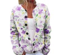 Autunno Carino Stampa Floreale Aperto Frontale Maglia Cardigan Maglione Inverno Casual Allentato Button Down Cappotto Manica Lunga, 1H-Viola, XXL