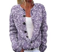 Autunno Carino Stampa Floreale Aperto Frontale Maglia Cardigan Maglione Inverno Casual Allentato Button Down Cappotto Manica Lunga, 1F-Viola, XL