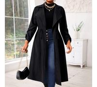 Autunno e inverno Casual tessuto nero a cascata con bottoni sul davanti Midi Plus Size Trench Cappotti da donna Abiti per uscire 0XL,1XL,2XL,3XL,4XL,5XLTessuto intrecciato