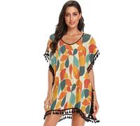 Autunno Foglia su Vecchio Bianco di Legno Donne Costume Da Bagno Copertura Bikini Coverup Spiaggia, Foglia autunnale su legno bianco antico, L