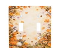 Autunno Foxes Woodland Illustrazione Doppio Interruttore Luce Piastra di | Scena della foresta ad acquerello, foglie d'acero cadenti, motivi di funghi e ghiande, fascino rustico