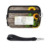 Autunno Girasoli Board Mini Zip Card Case per Donne Uomini con ID Finestra Girasole Portafoglio in legno Portatile Leggero Piccolo Borse Cerniera Coin Card Organizer Bag