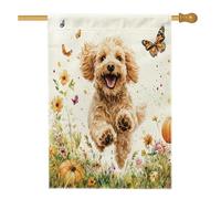 Autunno Golden Doodle Cane Cortile Cortile Cortile Lino Casa Verticale Bandiere 28x40 Double Face per Esterno, Autunno Giardino Cucciolo Casa Stampa Bandiera, Zucca Pet Home Outdoor Pattern Flag