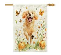 Autunno Golden Retriever Cane Cortile Cortile Cortile Lino Casa Verticale Bandiere 28x40 Doppio Lato per Esterno, Autunno Giardino Cucciolo Casa Stampa Bandiera, Zucca Pet Home Outdoor Pattern Flag