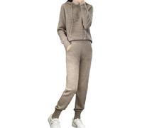 Autunno Inverno Abito da Donna 100% Lana Merino con Cappuccio Pullover Casual Pantaloni della Tuta Lavorato A Maglia Set da 2 Pezzi, khaki9, L