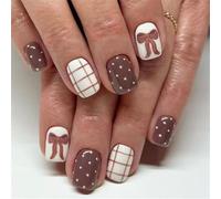 Autunno Inverno Caffè Marrone Bowknot Scacchi Unghie Finte 24Pcs Lucido Breve Quadrato Design Bianco Pois Pois Materiali ABS Unghie Artificiali Premere On Nail Party Musica Festival