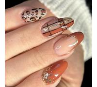 Autunno Inverno Moda Francese Scintillante Press On Unghie Lunghezza Media Brillante Design 24Pcs Marmorizzato Francese Leopardo Stampa Faux Nail