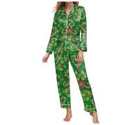 Autunno Inverno Natale Modelli Interessanti Pigiama Pantaloni Lunghi Pigiami Set Morbido Comodo Night Wear Scollo a V Lounge Wear Carino Due Pezzi Pigiama Wear, Verde, XXL