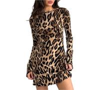 Autunno Inverno Stampa Leopardata Abiti Corti Vintage Donna Manica Lunga Backless Lace Up Moda Girocollo Gonna A Trapezio Mini Abito da Festa Sexy Elegante,Leopardo,l