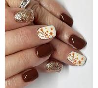 Autunno Inverno Unghie Finte Finitura Lucida Breve Forma Quadrata 24 Pz Brillante Foglia Marrone Stampa Su Unghie Inverno Glittering Press