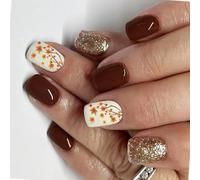 Autunno Inverno Unghie Finte Finitura Lucida Breve Forma Quadrata 24Pcs Brillante Marrone Foglia Opera D'arte Press On Nails Fogli
