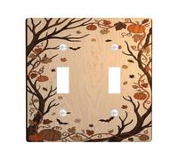 Autunno rustico zucche e pipistrello illustrazione doppia luce interruttore | Rami di alberi aggrovigliati, pipistrelli volanti, foglie cadenti, tema raccolta autunnale, sfondo rustico con venature del