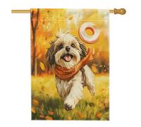 Autunno Shih Tzu Cane Front Yard Cortile Lino Casa Verticale Bandiere 28x40 Double Face per Esterno, Divertente Autunno Scenic Puppy Home Print Flag, Foglie d'Acero Carino Pet Home Outdoor Pattern