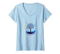 Autunno Stato d'animo Autunno Albero Paesaggio Maglietta con Collo a V, Donna, Celeste, L