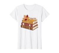 Autunno Storie Libri Stack Reader Look Accogliente Maglietta con Stampa Grafica Economica, Donna, Bianco, XS