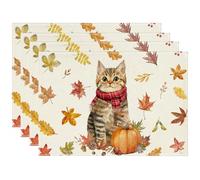Autunno Tovaglietta Americana Set di 4, Zucca Gatto Tovagliette Lino, Lavabili, Antiscivolo, Resistenti al Calore, Ideali per Interni Vacanze Party Autunnali Ringraziamento Decorazioni, 30 X 45 cm